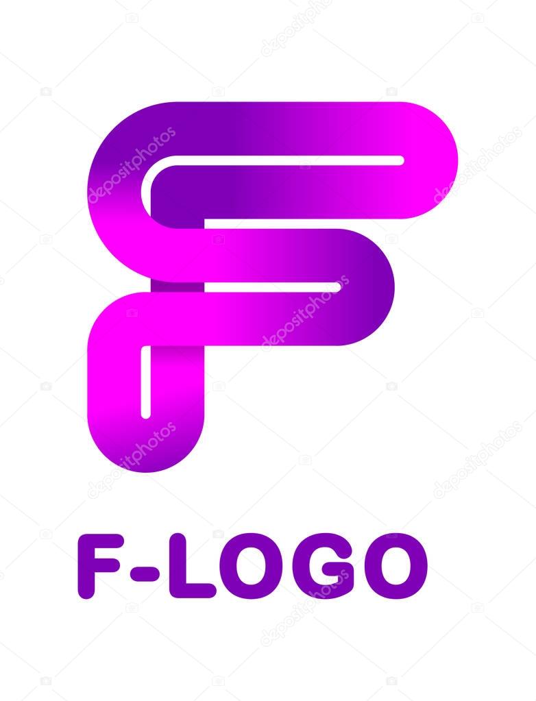 Abstract letter F - creative logo template vector illustration. Logo for corporate identity of company of ribbon, closed line of gradient color, tortuous path. Neon glowing letter. Typographical font. Graphic design elements.