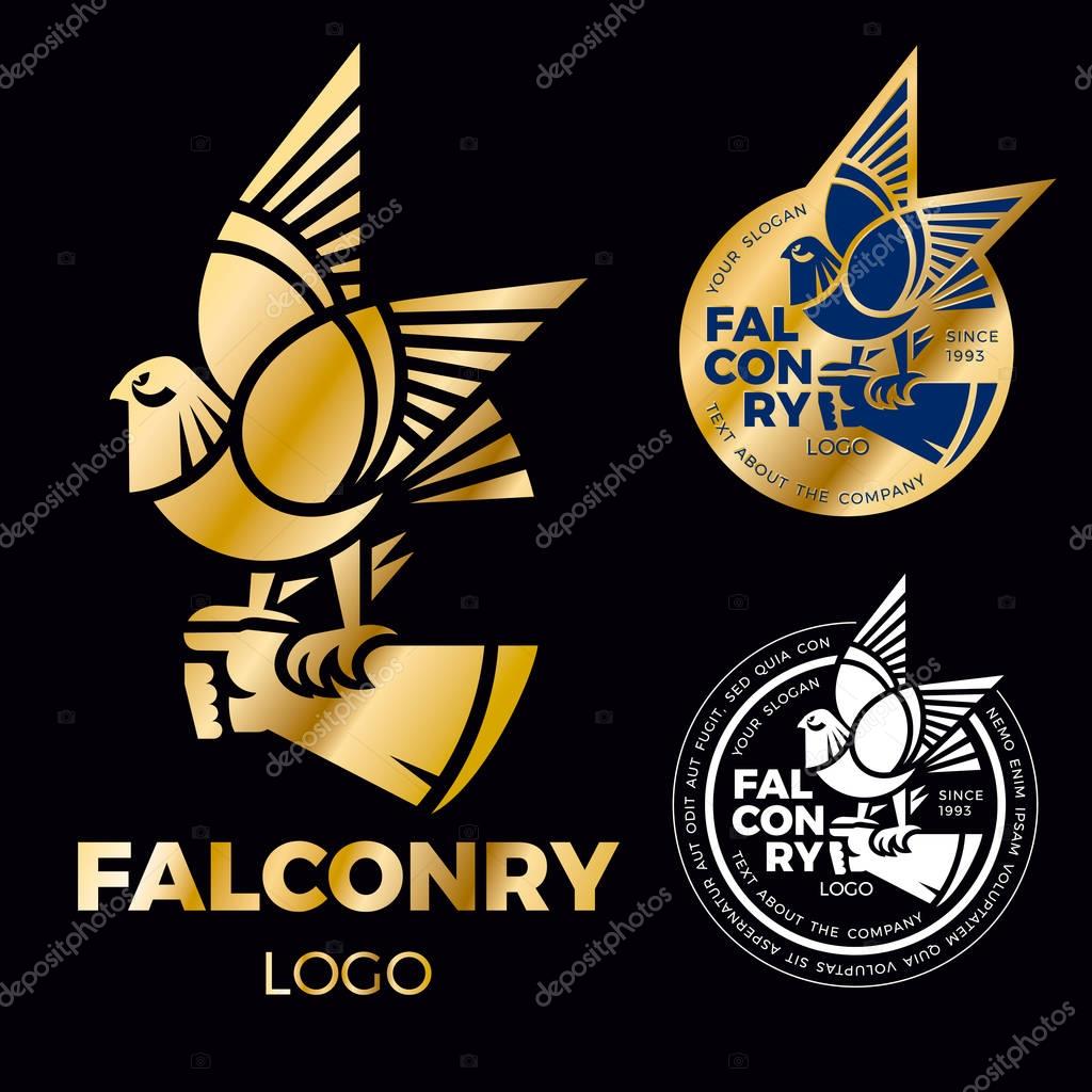 A sign of falconry is a falcon, a hawk is sitting on a gloved hand. Creative logo for the corporate identity of the company. gold falcon label. Vector logo sign concept illustration. Element of design.