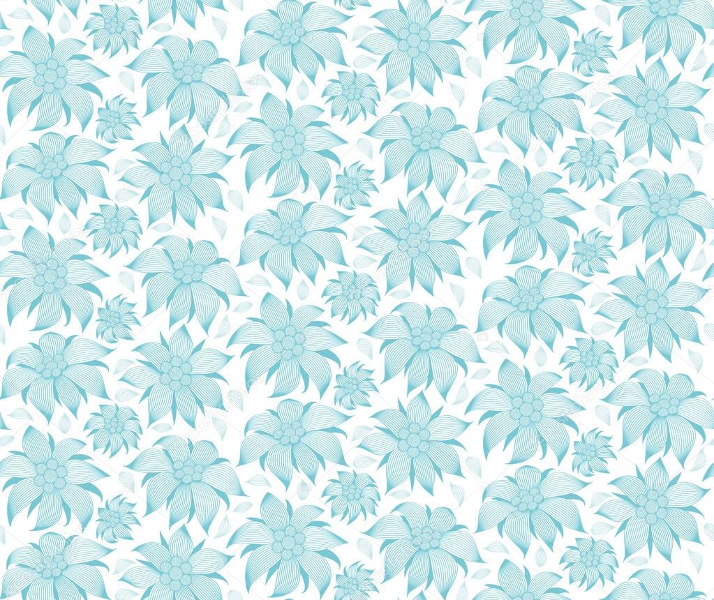 Seamless floral pattern. On a white background the blue flowers of edelweiss, water lily, lotus. For greeting cards, invitations, textiles, clothes, wrapping paper, wallpaper, interior design of room