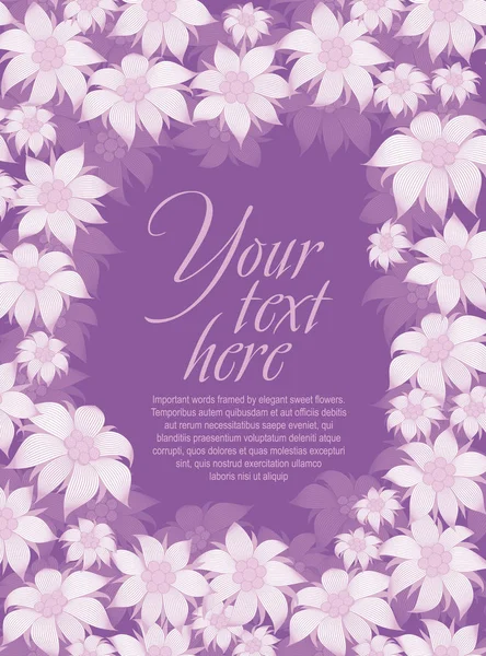 Frame bloem. Achtergrond van bloemen voor een poster, uitnodiging, wenskaart, fotolijstjes, verpakking van papier. Op een violette achtergrond, witte bloemen edelweiss, Waterlelie en lotus. — Stockvector