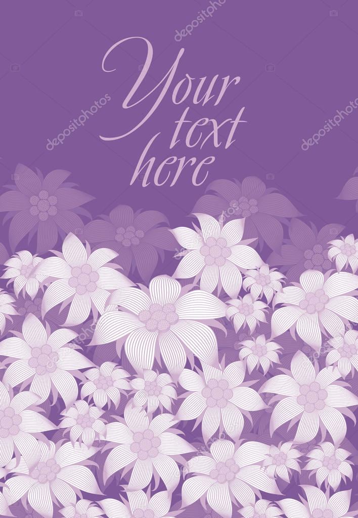 Frame flower. Background of flowers for a poster, invitation, greeting card, photo frame, packing paper. On a violet background, white flowers of edelweiss, water lily, lotus.