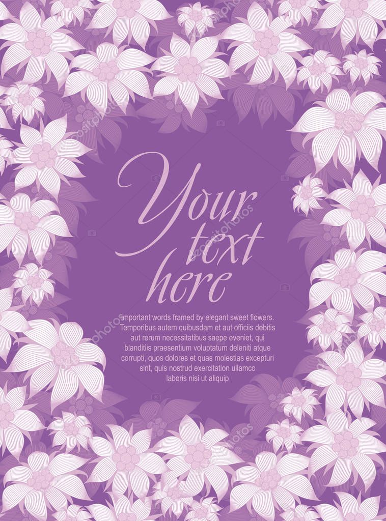 Frame flower. Background of flowers for a poster, invitation, greeting card, photo frame, packing paper. On a violet background, white flowers of edelweiss, water lily, lotus.