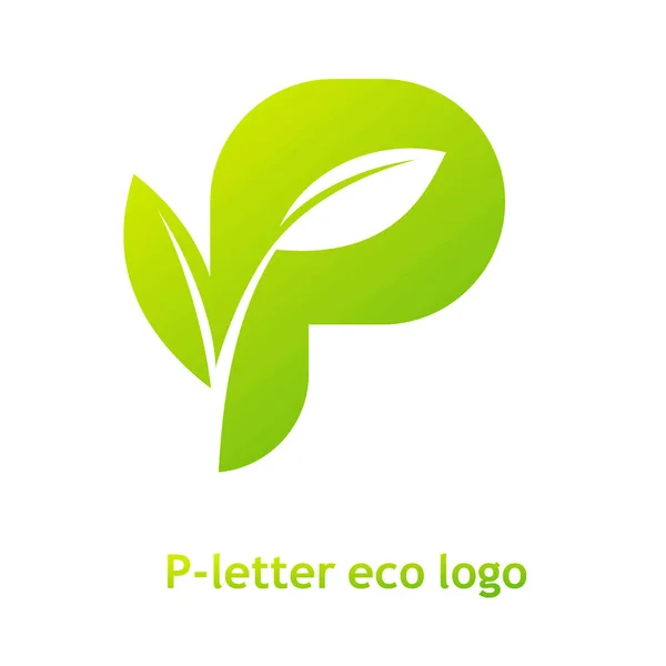 P letra eco logotipo isolado no fundo branco. Logotipo bio orgânico com uma folha de grama de broto para o estilo corporativo de empresa ou marca na letra P . — Vetor de Stock