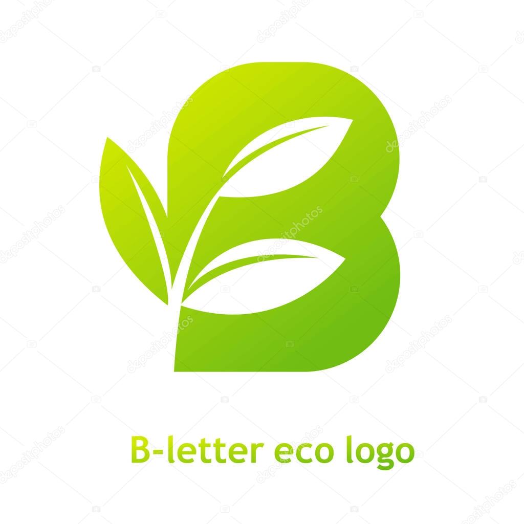 B letter eco logo isolated on white background. Organic bio logo with a leaf of sprout grass for corporate style of company or brand on letter B.