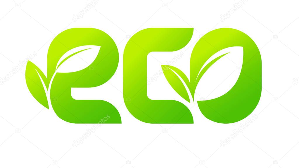 Emblem of ECO, organic, natural green logo with a leaf of a plant sprout for a tag, label, packaging, badge or icon of natural food, beverages, cosmetics. Vector illustration.