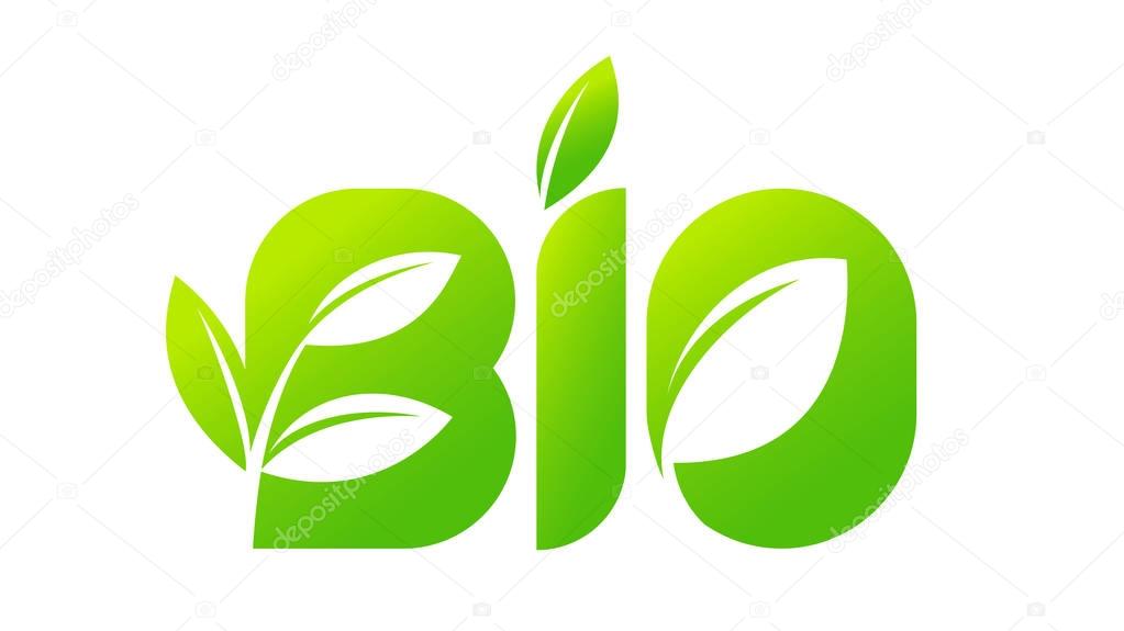 Emblem of BIO, organic, natural green logo with a leaf of a plant sprout for a tag, label, packaging, badge or icon of natural food, beverages, cosmetics. Vector illustration