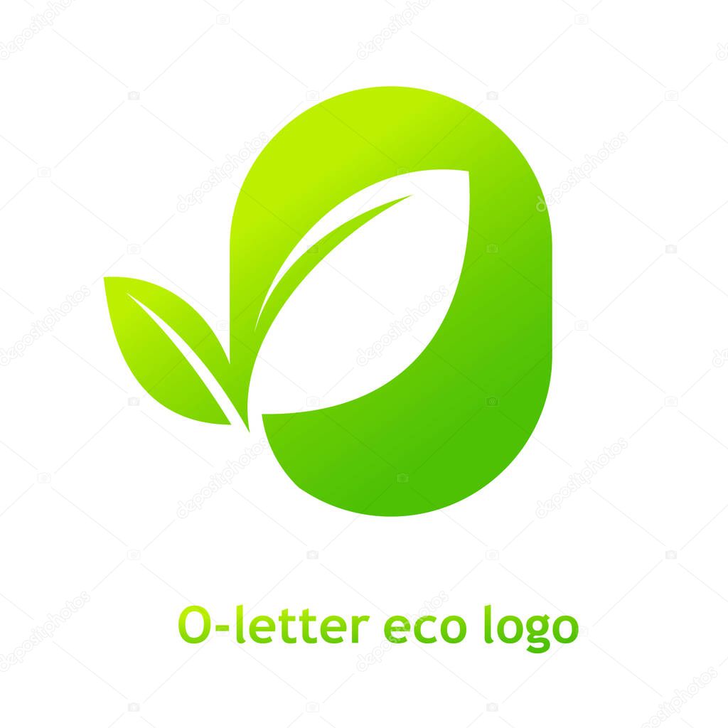 O letter eco logo isolated on white background. Organic bio logo with a leaf of sprout grass for corporate style of company or brand on letter O.