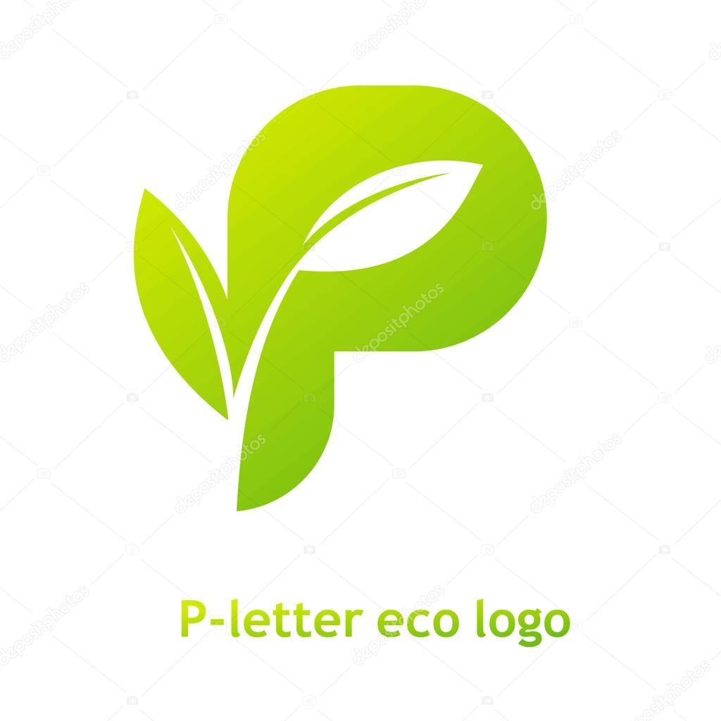 P letter eco logo isolated on white background. Organic bio logo with a leaf of sprout grass for corporate style of company or brand on letter P.