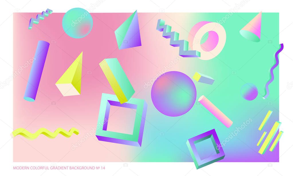 Background multicolored abstract vector holographic 3D background with figures and objects for web, packaging, poster, billboard, advertisement, cover, brochure, collage, wallpaper, presentation. Vector illustration of modern art. geometric figure