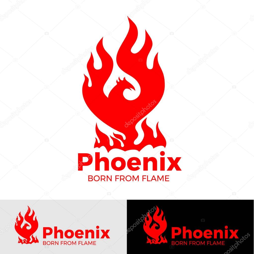 Phoenix logo- creative logo of mythological bird Fenix, a unique bird - a flame born from  ashes. Silhouette of a fire bird. Logo template in form of fire and bird coming out of flame and sparks.