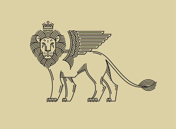 Griffin, a lion in the crown with wings in the style of engraving of linear design for a premium logo or coat of arms. Lion with a crown symbol of power, strength, security.