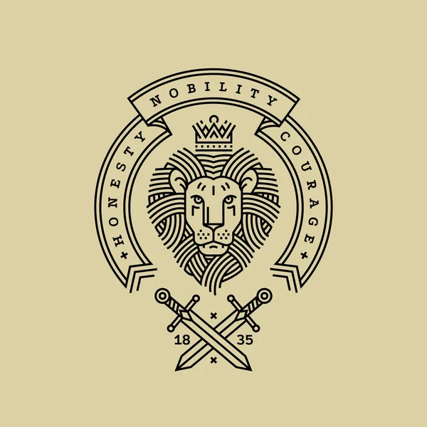 Amblem, Kraliyet aslan, şerit, sloganı ve kılıç oyma bir premium logo veya arması için doğrusal tasarım tarzında başkanı ile rozet. Güç, dayanıklılık, güvenlik taç sembolü ile aslan.