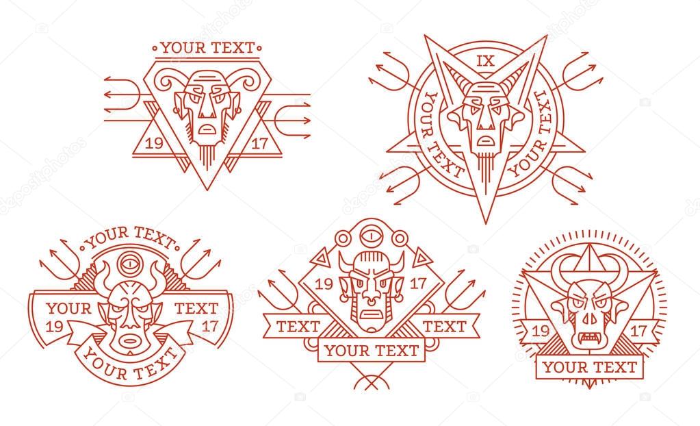 Set of ethnic diabolical masks of various shapes for logo, trademark, drawing on clothes, tattoo ornament, vector illustration. Badge is an evil devil, fiend, demon, Satan with horns.