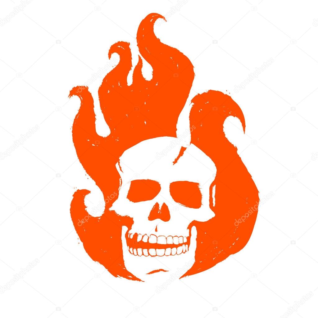 Skull in the fire. The burning head of the ghost racer. Abstract logo for corporate identity. Model of poster, leaflets for Halloween, zombie party or music concert with skulls, emblem, icon, label.