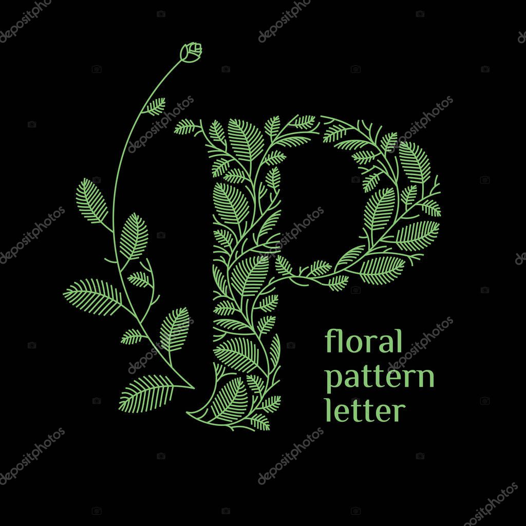 P letter eco logo isolated on black background. Organic bio logo from green grass leaves, plants for corporate identity of the company or brand on the letter P.