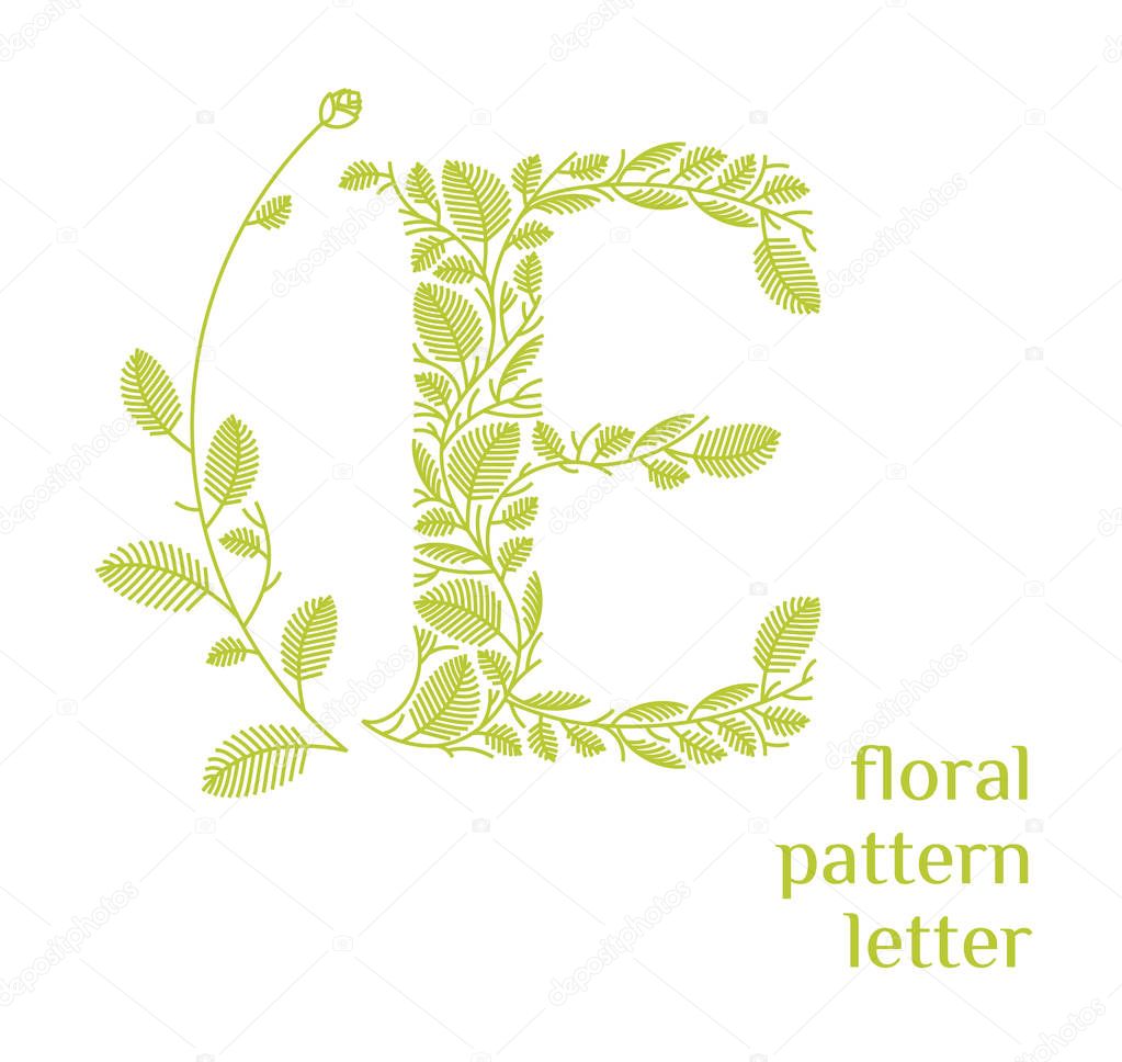 E letter eco logo isolated on black background. Organic bio logo from green grass leaves, plants for corporate identity of the company or brand on the letter E.