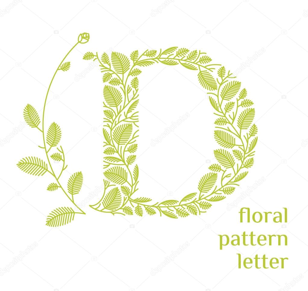 D letter eco logo isolated on black background. Organic bio logo from green grass leaves, plants for corporate identity of the company or brand on the letter D.