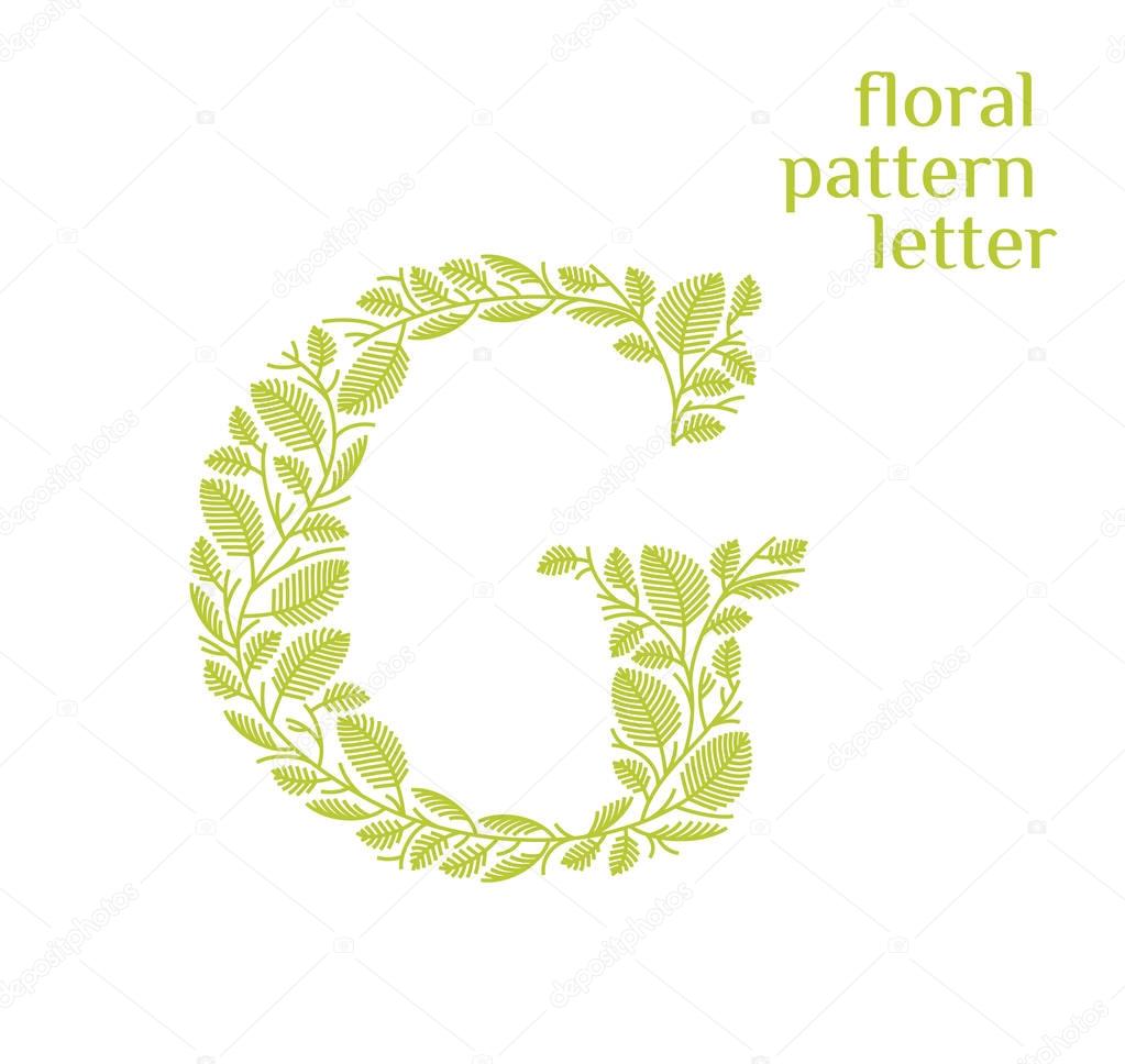 G letter eco logo isolated on black background. Organic bio logo from green grass leaves, plants for corporate identity of the company or brand on the letter G.