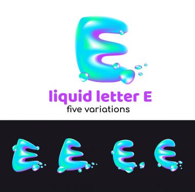 E mektup aqua bir logo olduğunu. Damlacıkları ve spreyler için şirket ya da marka harfi E. sulu, sulu, holografik tarzı kurumsal tarzı ile sıvı hacimsel mektup.