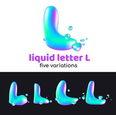 L harfi aqua bir logo olduğunu. Damlacıkları ve spreyler için kurumsal tarzı şirket veya harf L. sulu, sulu, holografik tarzı markası ile sıvı hacimsel mektup.