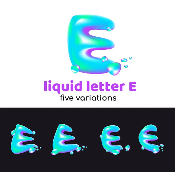E betű egy aqua logó. Folyékony es levelet, cseppek és a vállalati stílus, cég vagy márka a levél E. lédús, vizes, holografikus stílust spray-k. — Stock Vector