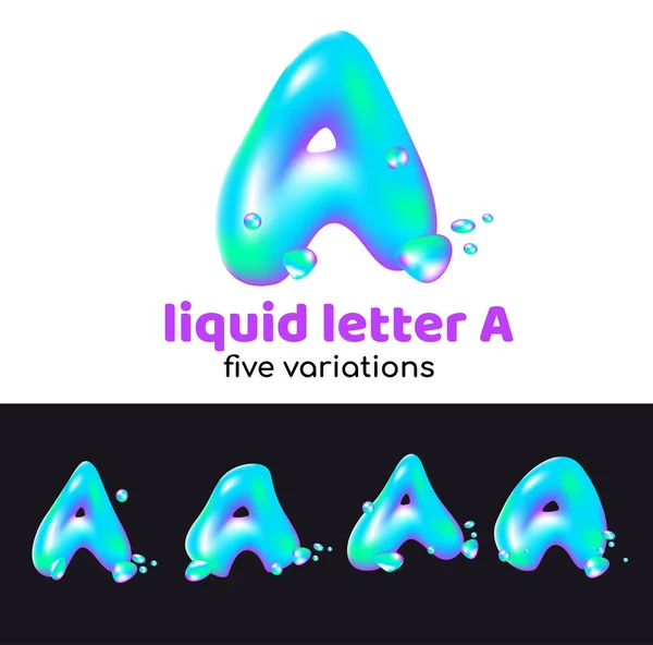 Ένα γράμμα είναι ένα aqua λογότυπο. Υγρό ογκομετρική γράμμα με σταγονίδια και σπρέι για το εταιρικό ύφος της εταιρείας ή εμπορικό σήμα στο γράμμα A. ζουμερό, υδαρής, ολογραφική στυλ. — Διανυσματικό Αρχείο