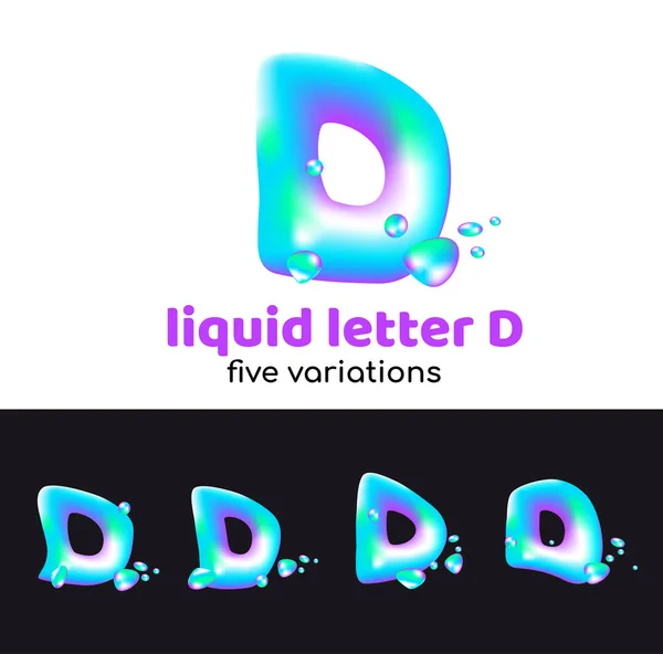D lettera è un logo aqua. Lettera volumetrica liquida con goccioline e spray per lo stile aziendale dell'azienda o del marchio sulla lettera d. Stile succoso, acquoso, olografico . — Vettoriale Stock