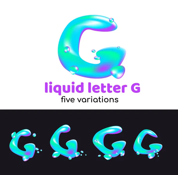 G lettera è un logo aqua. Lettera volumetrica liquida con goccioline e spray per lo stile aziendale dell'azienda o del marchio sulla lettera G. Stile succoso, acquoso, olografico . — Vettoriale Stock