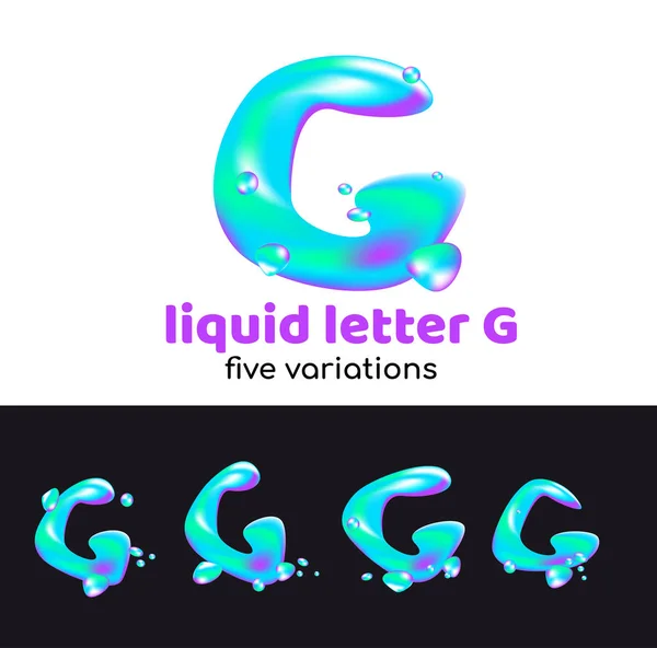 G carta é um logotipo do aqua. Carta volumétrica líquida com gotículas e sprays para o estilo corporativo da empresa ou marca na letra G. Estilo suculento, aguado, holográfico . — Vetor de Stock