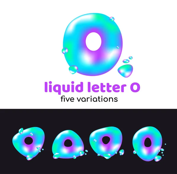 O letter ist ein Aqua-Logo. flüssiger volumetrischer Buchstabe mit Tröpfchen und Sprays für den Corporate Style des Unternehmens oder der Marke auf dem Buchstaben o. saftig, wässrig, holographischer Stil. — Stockvektor