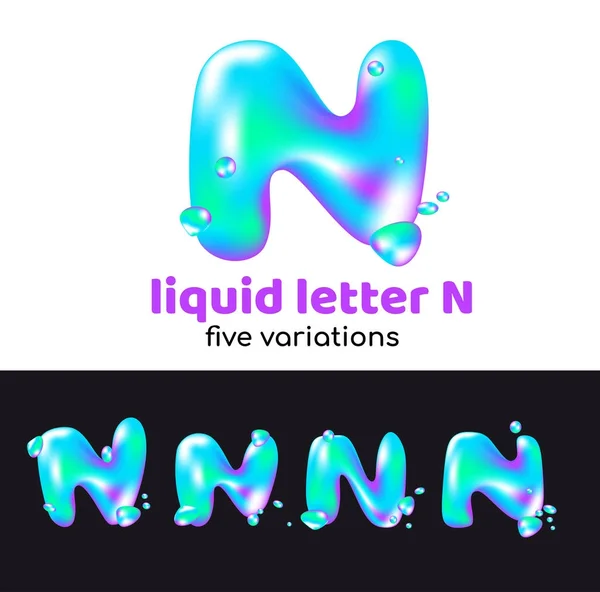 N letter ist ein Aqua-Logo. flüssiger volumetrischer Buchstabe mit Tröpfchen und Sprays für den Corporate Style des Unternehmens oder der Marke auf dem Buchstaben n. saftig, wässrig, holographischer Stil. — Stockvektor