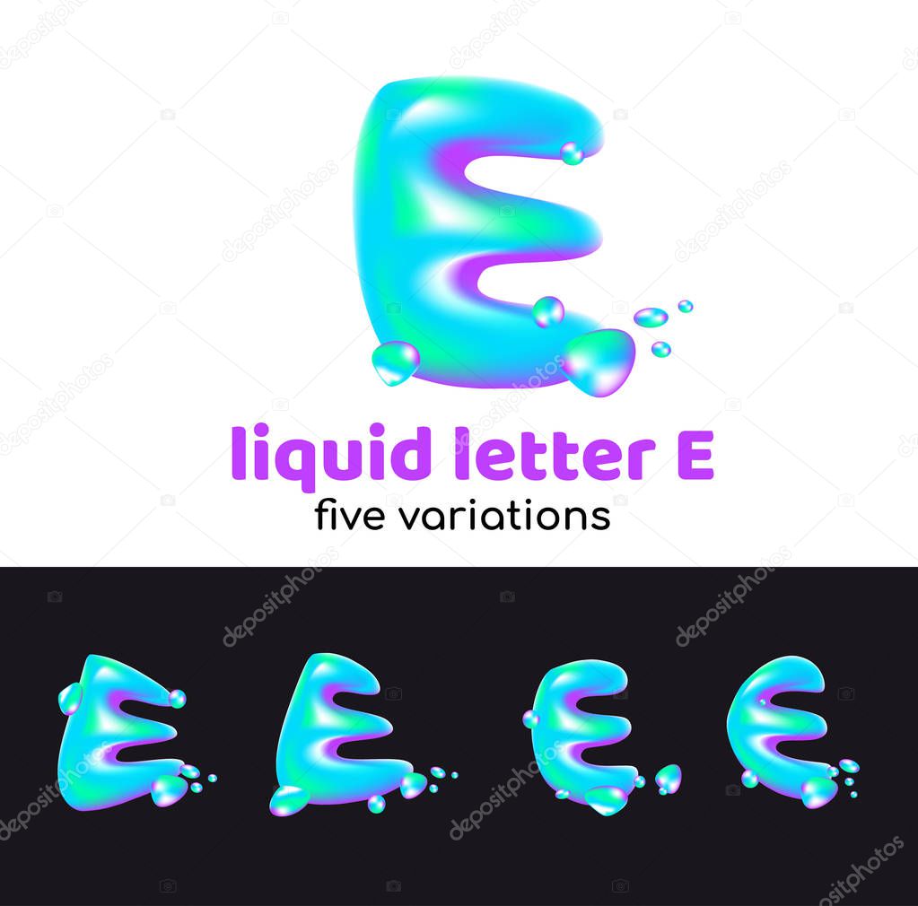 E letter is an aqua logo. Liquid volumetric letter with droplets and sprays for the corporate style of the company or brand on the letter E. Juicy, watery, holographic style.