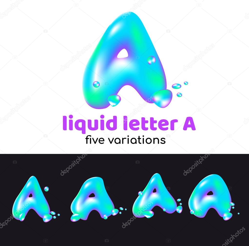 A letter is an aqua logo. Liquid volumetric letter with droplets and sprays for the corporate style of the company or brand on the letter A. Juicy, watery, holographic style.