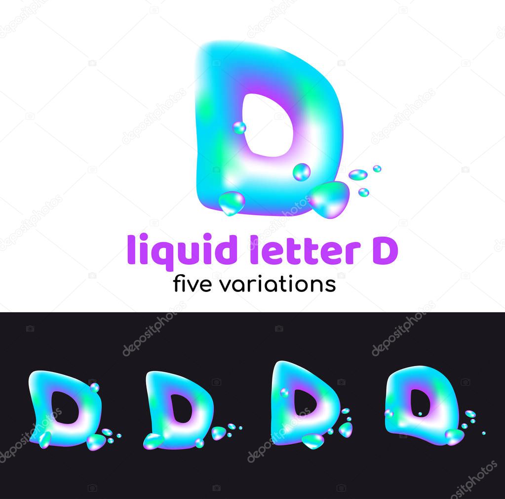 d letter is an aqua logo. Liquid volumetric letter with droplets and sprays for the corporate style of the company or brand on the letter d. Juicy, watery, holographic style.