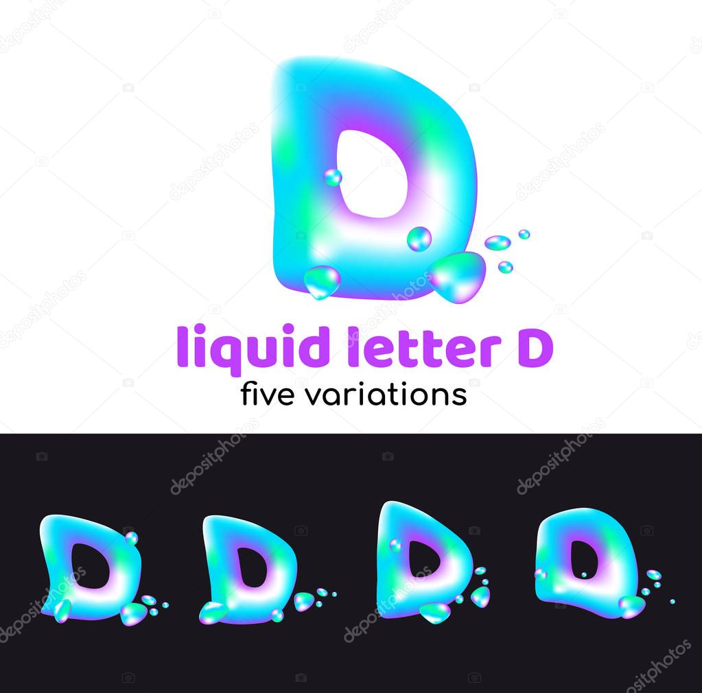 D letter is an aqua logo. Liquid volumetric letter with droplets and sprays for the corporate style of the company or brand on the letter d. Juicy, watery, holographic style.