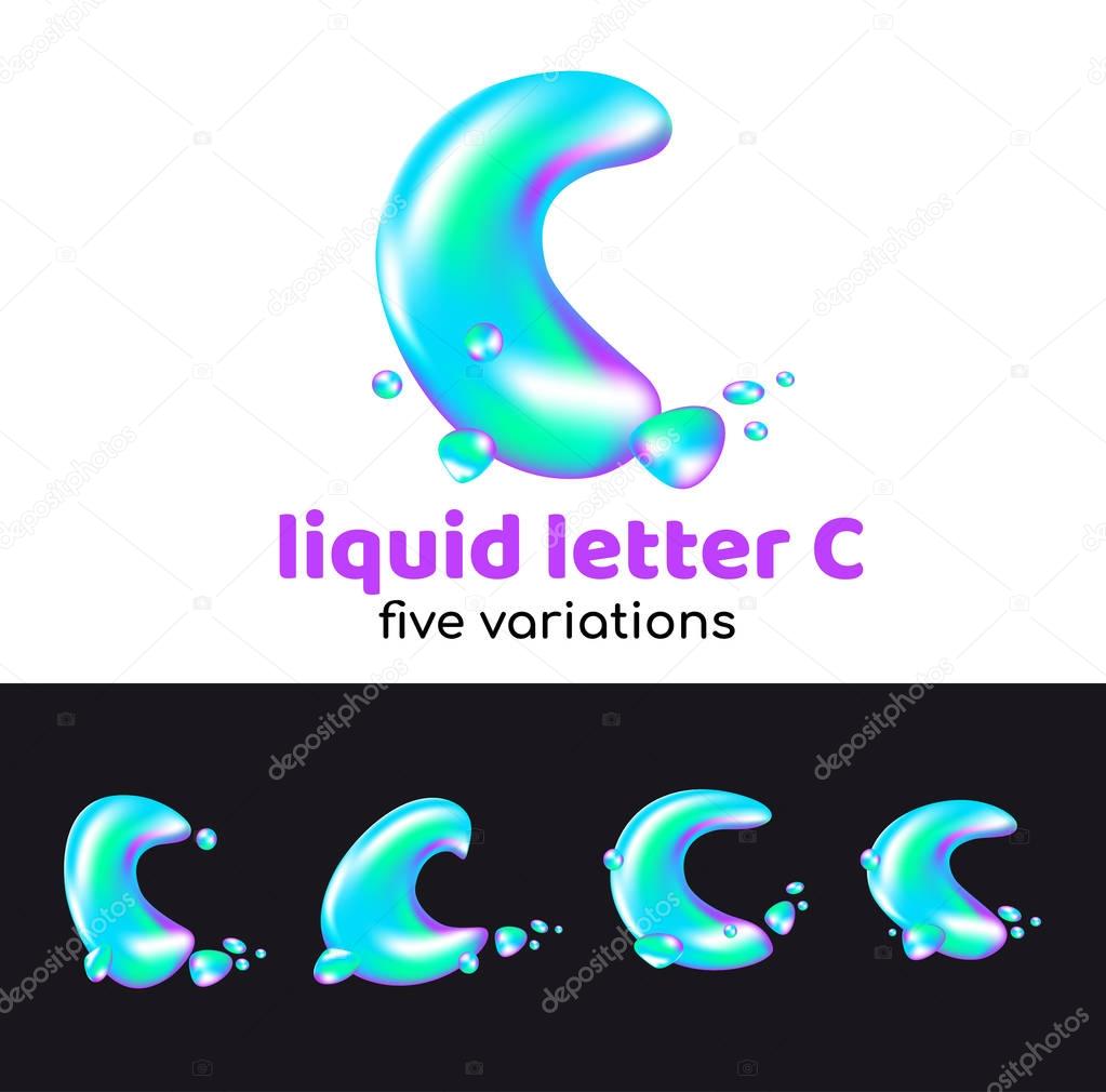 C letter is an aqua logo. Liquid volumetric letter with droplets and sprays for the corporate style of the company or brand on the letter C. Juicy, watery, holographic style.