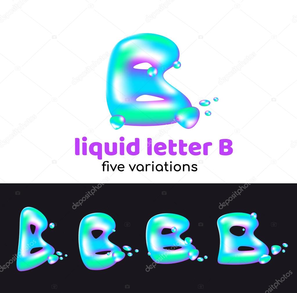 B letter is an aqua logo. Liquid volumetric letter with droplets and sprays for the corporate style of the company or brand on the letter B. Juicy, watery, holographic style.