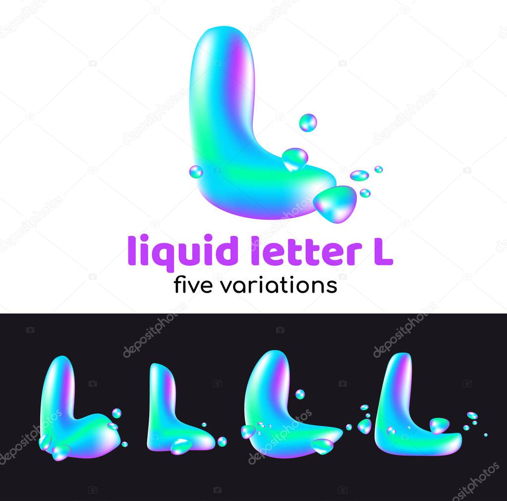 L letter is an aqua logo. Liquid volumetric letter with droplets and sprays for the corporate style of the company or brand on the letter L. Juicy, watery, holographic style.