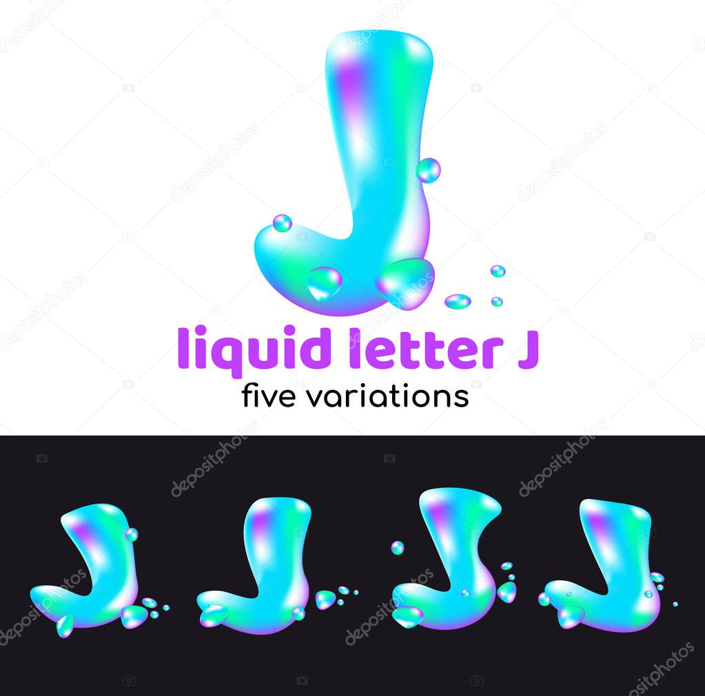 J letter is an aqua logo. Liquid volumetric letter with droplets and sprays for the corporate style of the company or brand on the letter J. Juicy, watery, holographic style.
