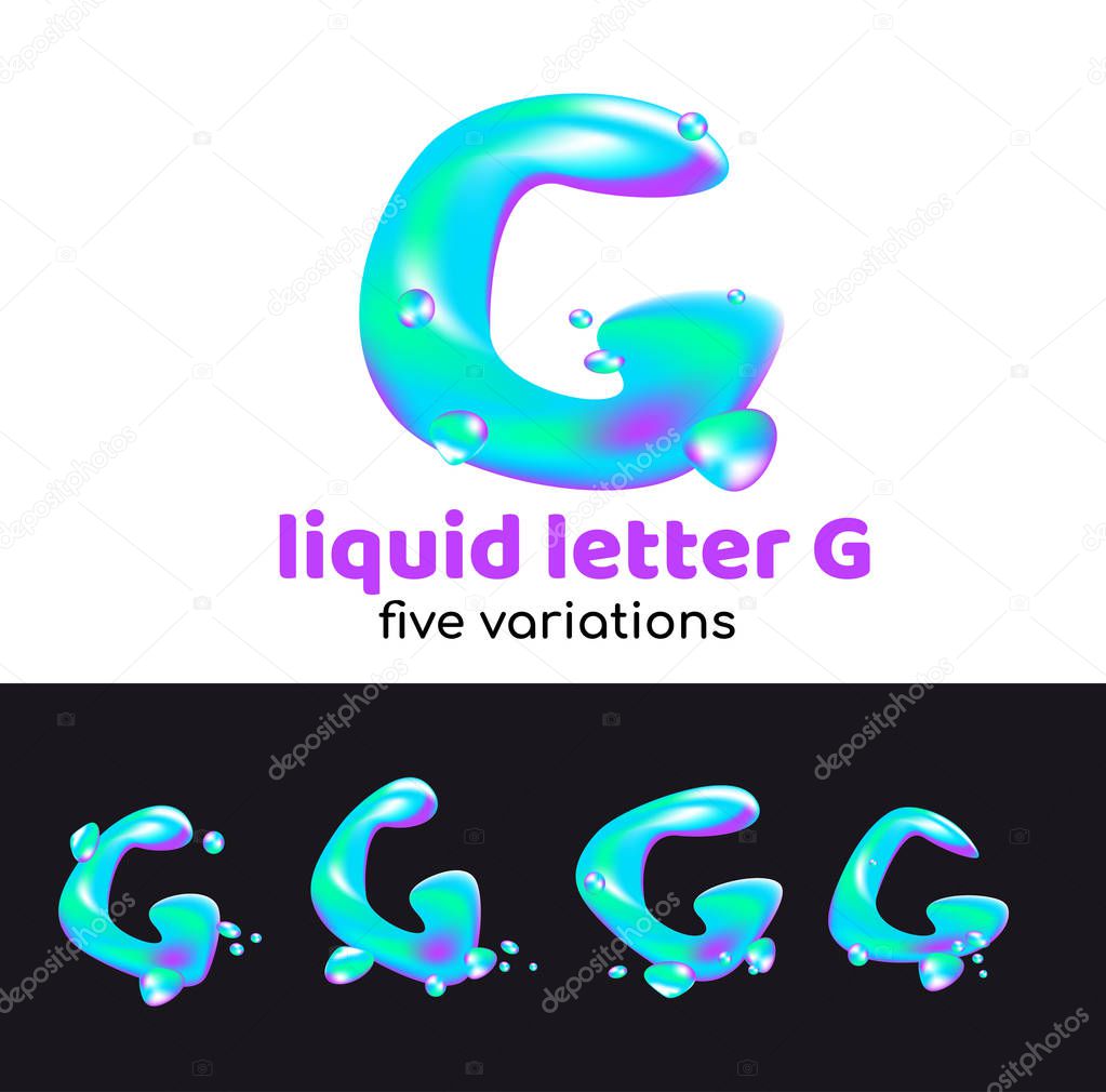 G letter is an aqua logo. Liquid volumetric letter with droplets and sprays for the corporate style of the company or brand on the letter G. Juicy, watery, holographic style.