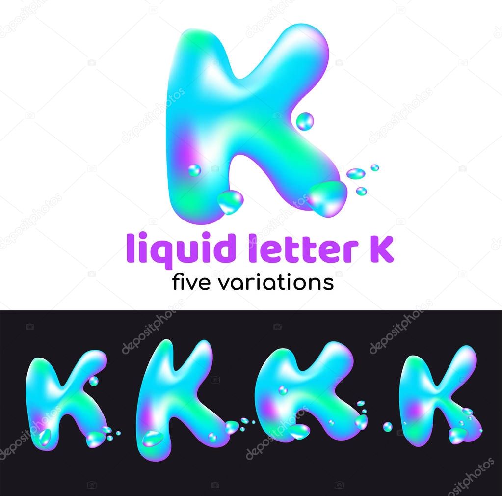 K letter is an aqua logo. Liquid volumetric letter with droplets and sprays for the corporate style of the company or brand on the letter K. Juicy, watery, holographic style.