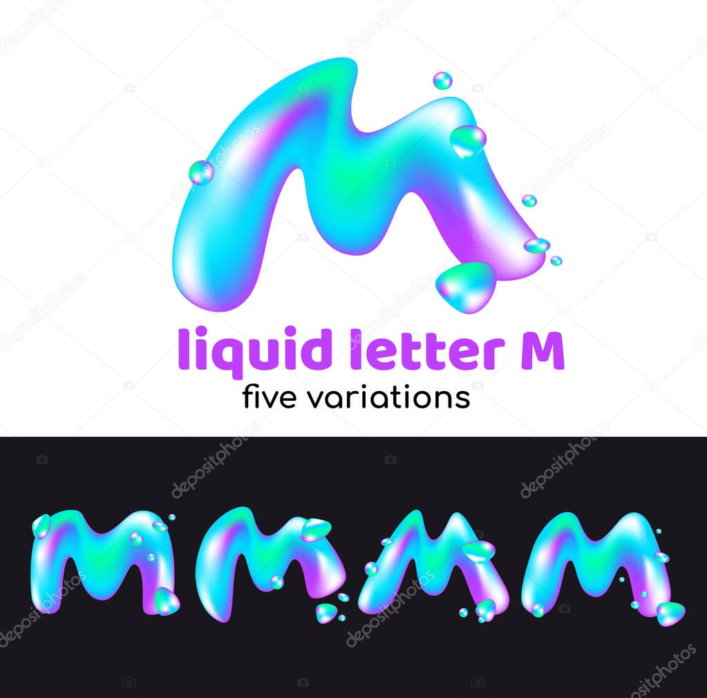 M letter is an aqua logo. Liquid volumetric letter with droplets and sprays for the corporate style of the company or brand on the letter M. Juicy, watery, holographic style.