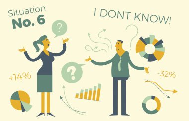 İş infographics resimler iş durumlardan. Erkek ve kadın tartışırken sorunlara çözüm. İş arkadaşları çözmek belgili tanımlık problem. Toplantı, müzakerelerin ofiste. İş adamları. Düz tasarım vektör çizim.