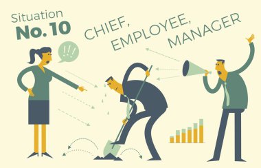 İş infographics resimler iş durumlardan. Tek bir çalışanın çalışma, liderleri göz ve nokta bir sürü. Ofis işi, zor iş. Alt siparişini taşır. Düz tasarım vektör Illustration. Proje, sözleşme.