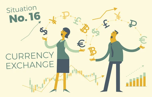 Döviz Alım Satım. İş infographics resimler iş durumlardan. Para birimi ve para ile hokkabazlık neşeli bir iş kadını Illustration. Döviz kuru. Sunumlar için açılış sayfaları, animasyonlar ve diğer yaratıcı projeler