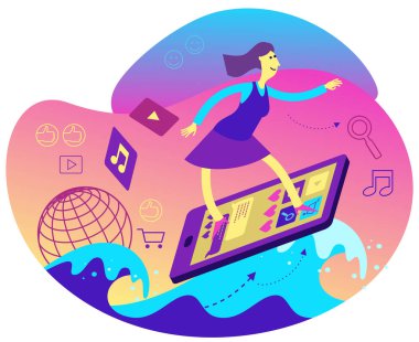 Web tasarımı için çizgi film karakteri çizimi, sunum, bilgi, iniş sayfası: O, Internet, net sörf. Ağ işi, ağ pazarlaması. Bir kadın akıllı telefonun üzerinde duruyor, internette yüzüyor, internette sörf yapıyor..