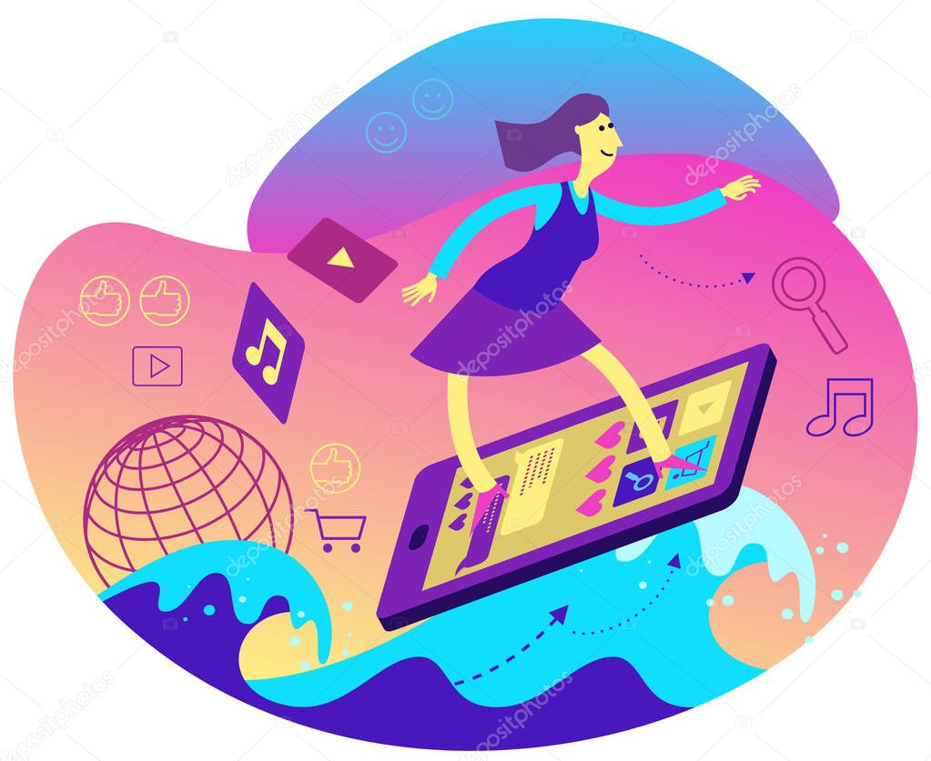 Cartoon character illustration for web design, presentation, infographic, landing page: IT, Internet, net surfing. network business, network marketing. A woman stands on a smartphone, floating on the Internet, net surfing.