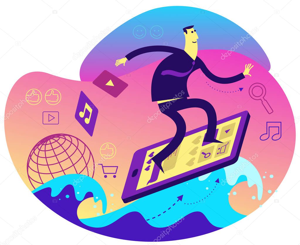 Cartoon character illustration for web design, presentation, infographic, landing page: IT, Internet, net surfing. network business, network marketing. A man stands on a smartphone, floating on the Internet, net surfing.