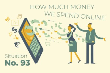 Kadın ve erkek akıllı telefondan online alışveriş yapıyorlar. Çevrimiçi mağazadan alınmış, mobil uygulama. Sunum için düz tasarım illüstrasyonu, web, iniş sayfası, bilgi grafikleri