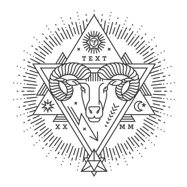 Emblema, insignia con una cabeza de carnero en el estilo de grabados lineales, símbolos de armadura. En el estilo de grabados lineales. Escudo de armas, heráldica. Signo del zodiaco de Aries . — Vector de stock